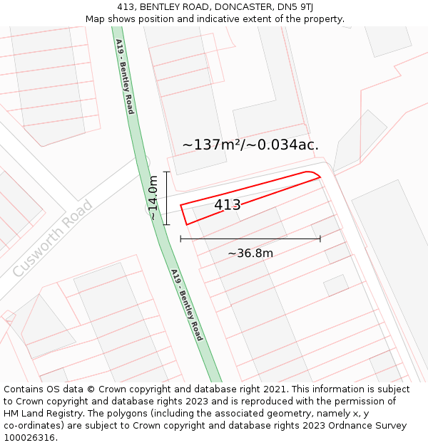 413, BENTLEY ROAD, DONCASTER, DN5 9TJ: Plot and title map