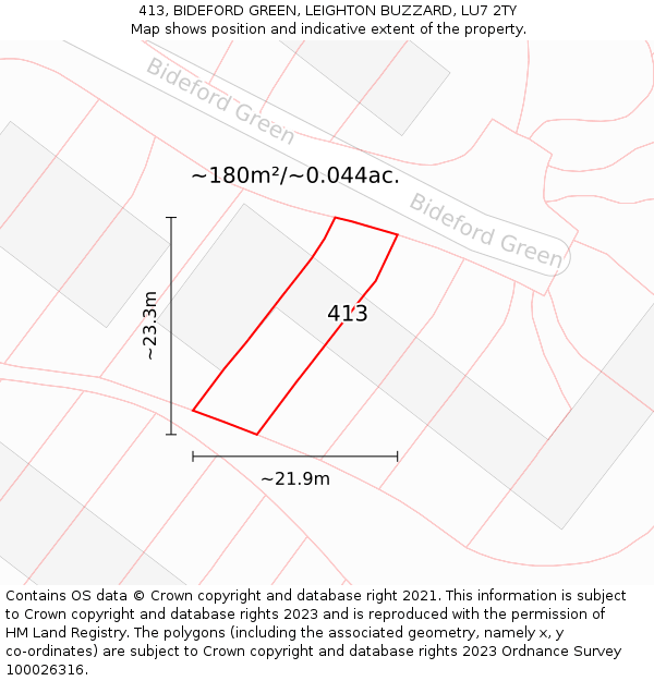 413, BIDEFORD GREEN, LEIGHTON BUZZARD, LU7 2TY: Plot and title map