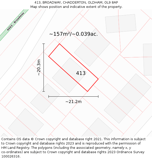 413, BROADWAY, CHADDERTON, OLDHAM, OL9 8AP: Plot and title map