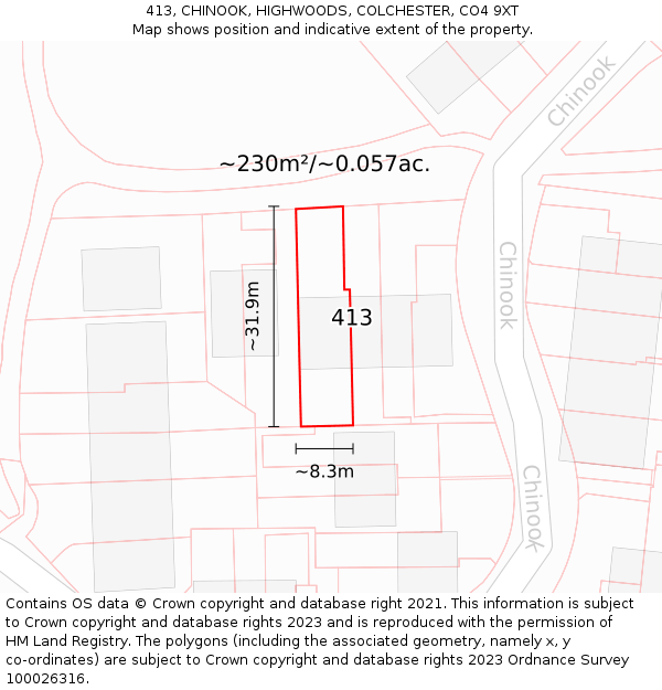 413, CHINOOK, HIGHWOODS, COLCHESTER, CO4 9XT: Plot and title map