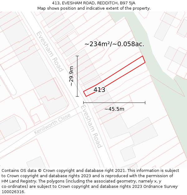 413, EVESHAM ROAD, REDDITCH, B97 5JA: Plot and title map