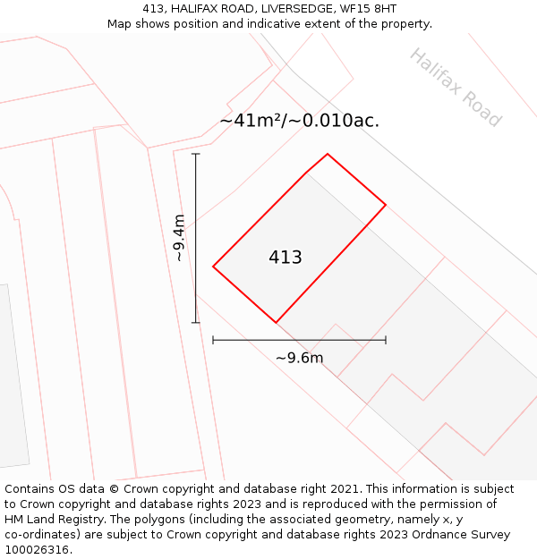 413, HALIFAX ROAD, LIVERSEDGE, WF15 8HT: Plot and title map