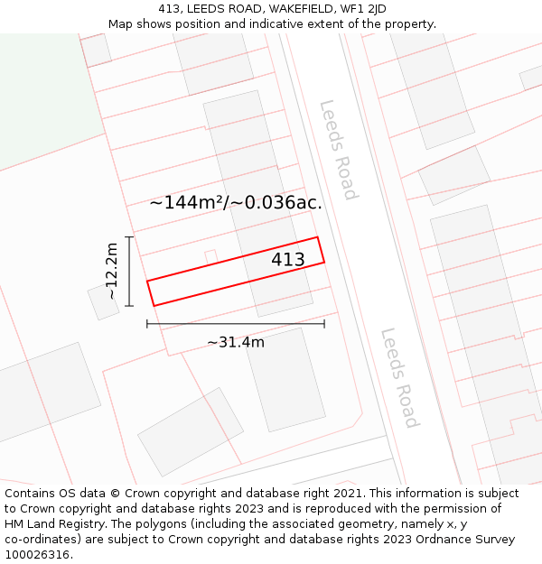 413, LEEDS ROAD, WAKEFIELD, WF1 2JD: Plot and title map