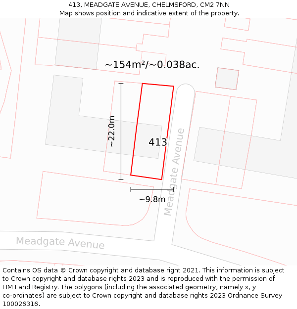 413, MEADGATE AVENUE, CHELMSFORD, CM2 7NN: Plot and title map
