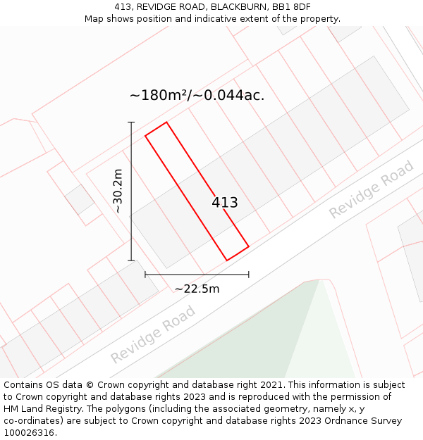 413, REVIDGE ROAD, BLACKBURN, BB1 8DF: Plot and title map