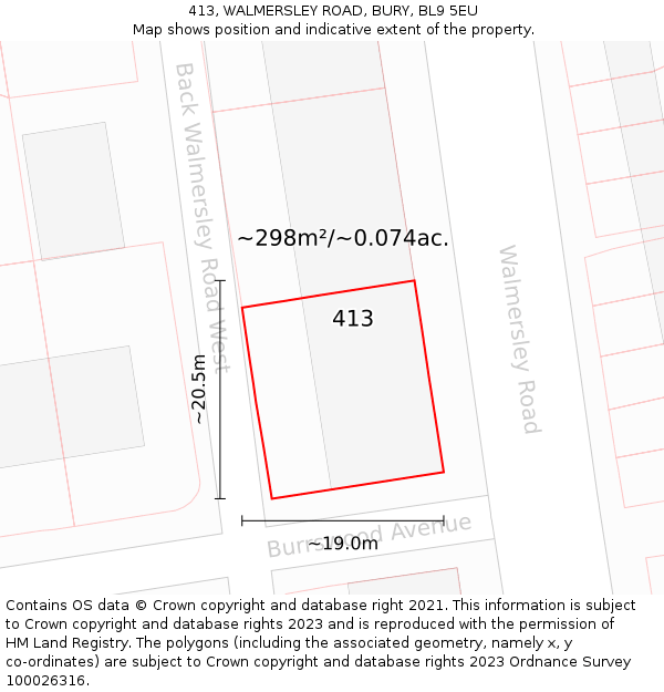 413, WALMERSLEY ROAD, BURY, BL9 5EU: Plot and title map