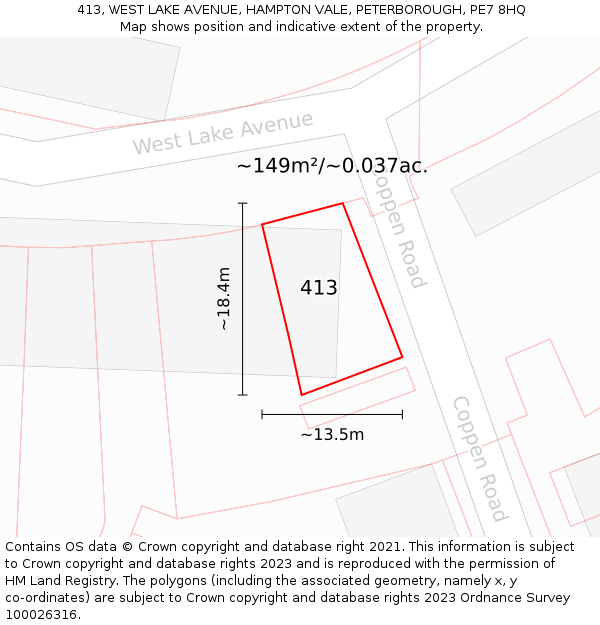 413, WEST LAKE AVENUE, HAMPTON VALE, PETERBOROUGH, PE7 8HQ: Plot and title map