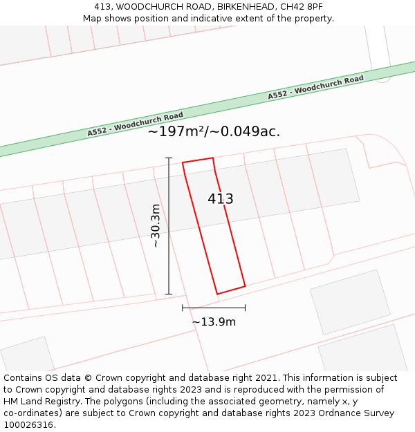 413, WOODCHURCH ROAD, BIRKENHEAD, CH42 8PF: Plot and title map