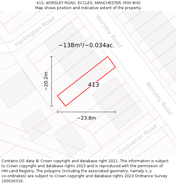 413, WORSLEY ROAD, ECCLES, MANCHESTER, M30 8HG: Plot and title map