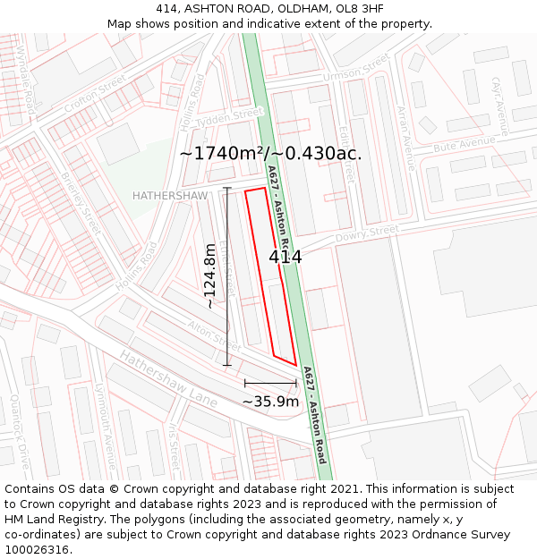 414, ASHTON ROAD, OLDHAM, OL8 3HF: Plot and title map