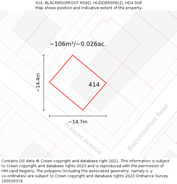 414, BLACKMOORFOOT ROAD, HUDDERSFIELD, HD4 5NP: Plot and title map