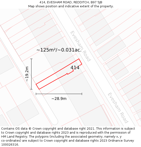 414, EVESHAM ROAD, REDDITCH, B97 5JB: Plot and title map
