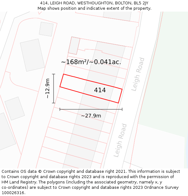 414, LEIGH ROAD, WESTHOUGHTON, BOLTON, BL5 2JY: Plot and title map
