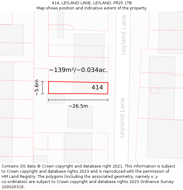 414, LEYLAND LANE, LEYLAND, PR25 1TB: Plot and title map