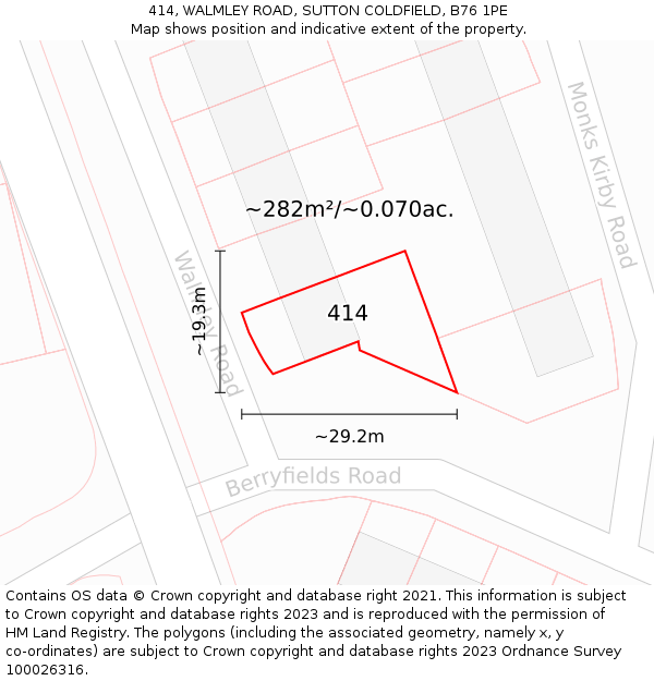 414, WALMLEY ROAD, SUTTON COLDFIELD, B76 1PE: Plot and title map