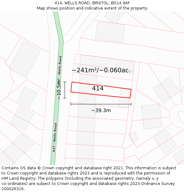 414, WELLS ROAD, BRISTOL, BS14 9AF: Plot and title map