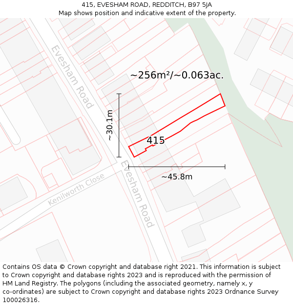 415, EVESHAM ROAD, REDDITCH, B97 5JA: Plot and title map