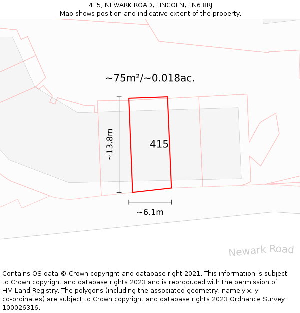 415, NEWARK ROAD, LINCOLN, LN6 8RJ: Plot and title map