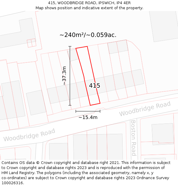 415, WOODBRIDGE ROAD, IPSWICH, IP4 4ER: Plot and title map