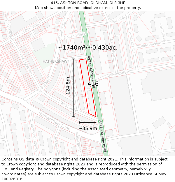 416, ASHTON ROAD, OLDHAM, OL8 3HF: Plot and title map