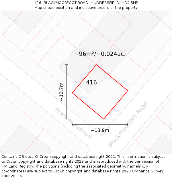 416, BLACKMOORFOOT ROAD, HUDDERSFIELD, HD4 5NP: Plot and title map