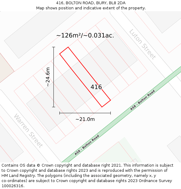 416, BOLTON ROAD, BURY, BL8 2DA: Plot and title map