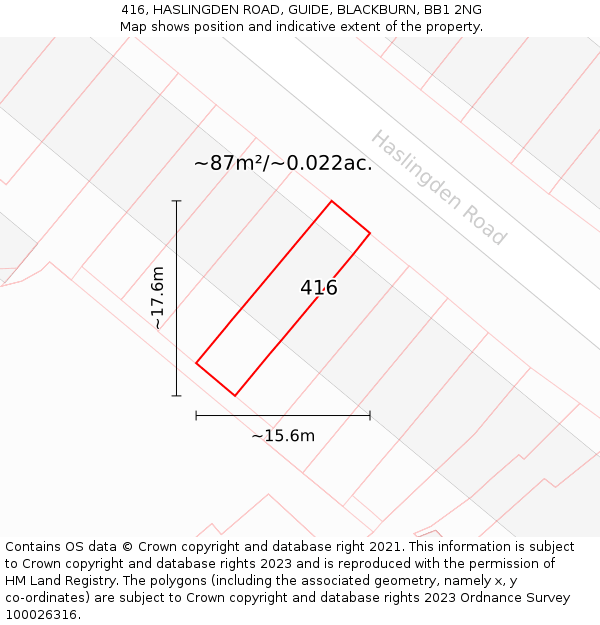 416, HASLINGDEN ROAD, GUIDE, BLACKBURN, BB1 2NG: Plot and title map