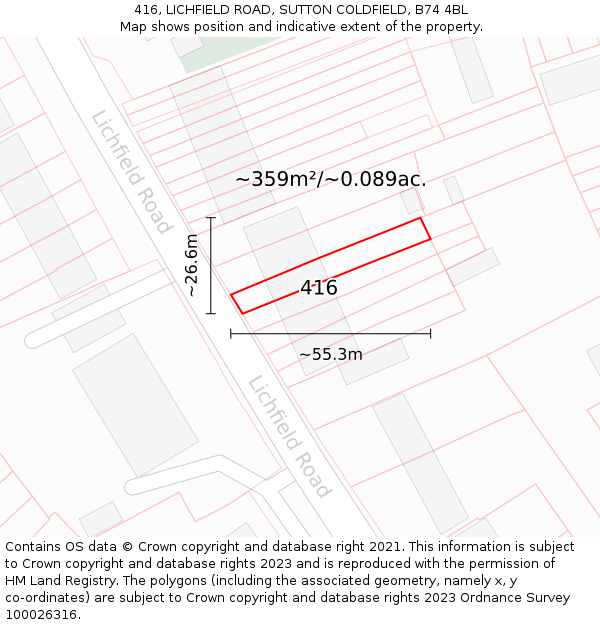 416, LICHFIELD ROAD, SUTTON COLDFIELD, B74 4BL: Plot and title map