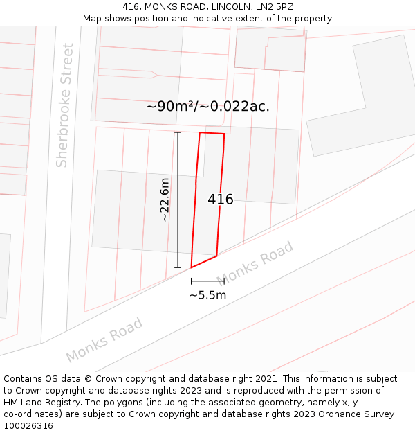 416, MONKS ROAD, LINCOLN, LN2 5PZ: Plot and title map