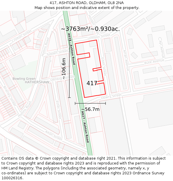 417, ASHTON ROAD, OLDHAM, OL8 2NA: Plot and title map