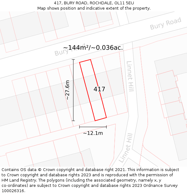 417, BURY ROAD, ROCHDALE, OL11 5EU: Plot and title map