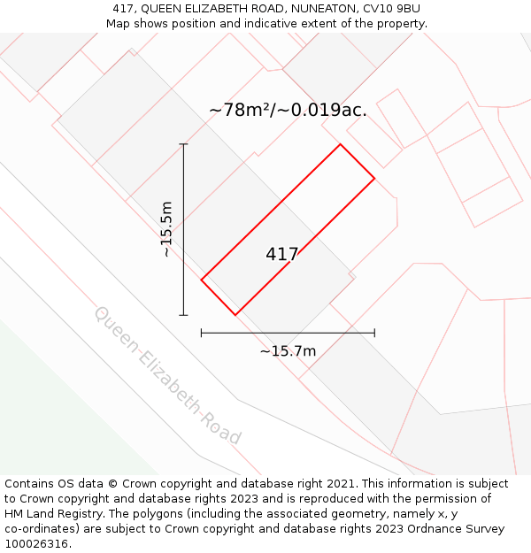 417, QUEEN ELIZABETH ROAD, NUNEATON, CV10 9BU: Plot and title map