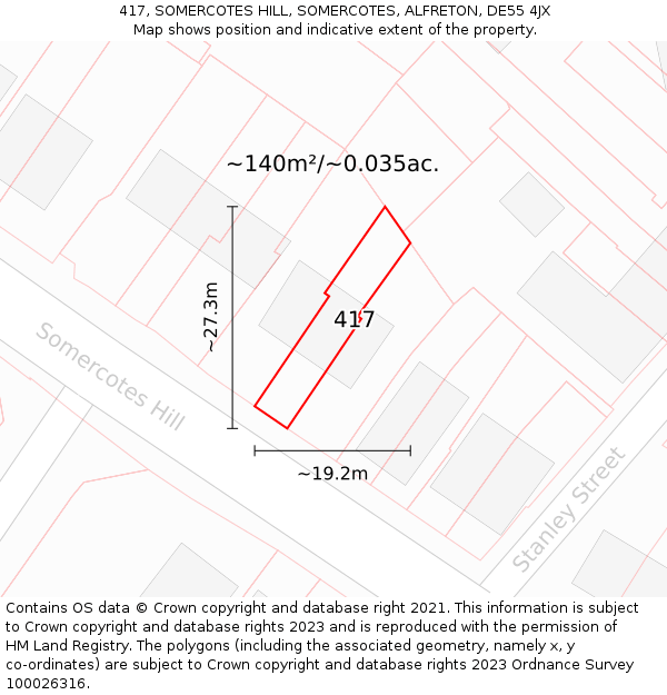 417, SOMERCOTES HILL, SOMERCOTES, ALFRETON, DE55 4JX: Plot and title map