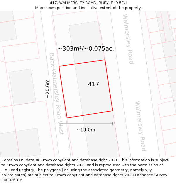 417, WALMERSLEY ROAD, BURY, BL9 5EU: Plot and title map