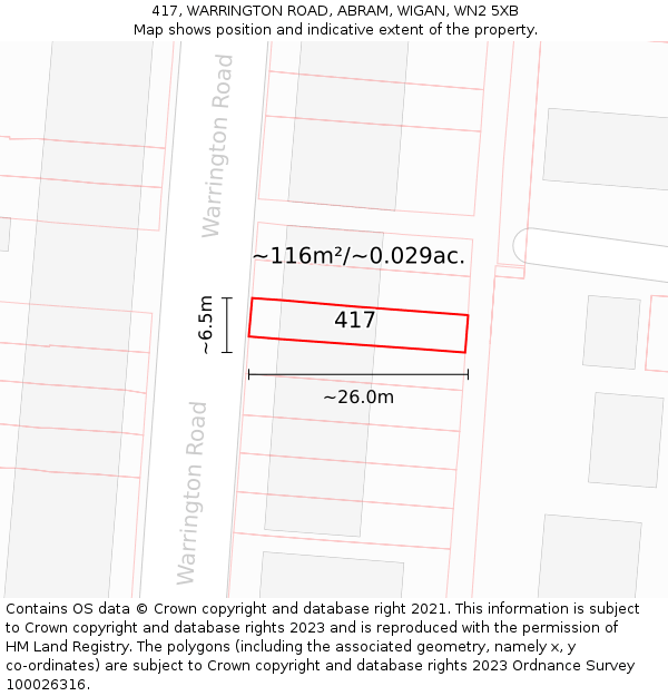 417, WARRINGTON ROAD, ABRAM, WIGAN, WN2 5XB: Plot and title map