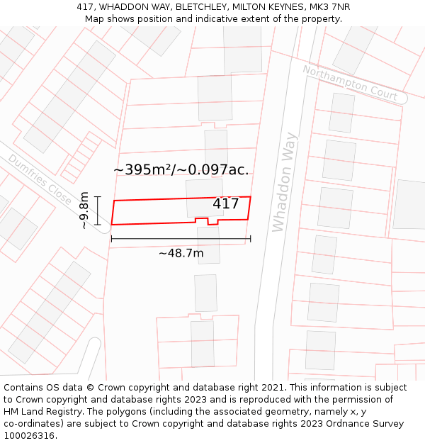 417, WHADDON WAY, BLETCHLEY, MILTON KEYNES, MK3 7NR: Plot and title map