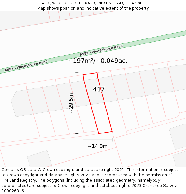417, WOODCHURCH ROAD, BIRKENHEAD, CH42 8PF: Plot and title map
