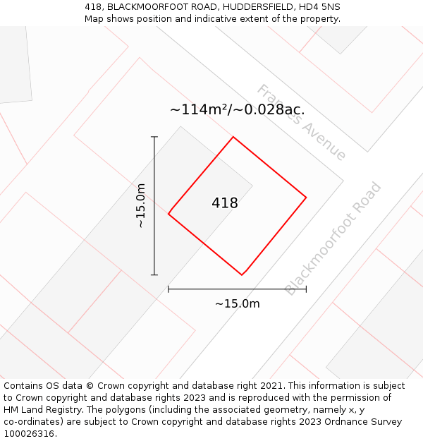 418, BLACKMOORFOOT ROAD, HUDDERSFIELD, HD4 5NS: Plot and title map