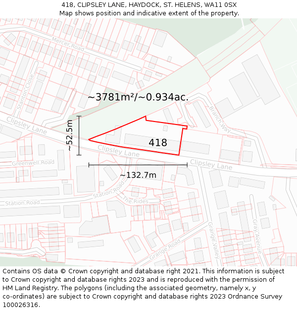 418, CLIPSLEY LANE, HAYDOCK, ST. HELENS, WA11 0SX: Plot and title map