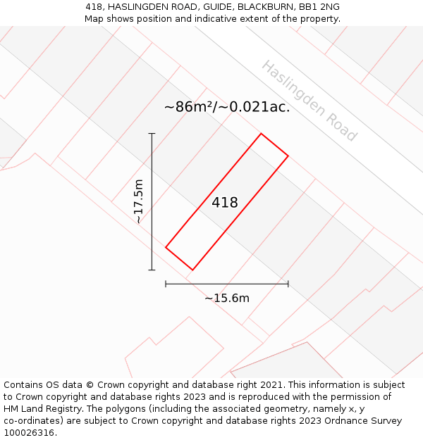 418, HASLINGDEN ROAD, GUIDE, BLACKBURN, BB1 2NG: Plot and title map
