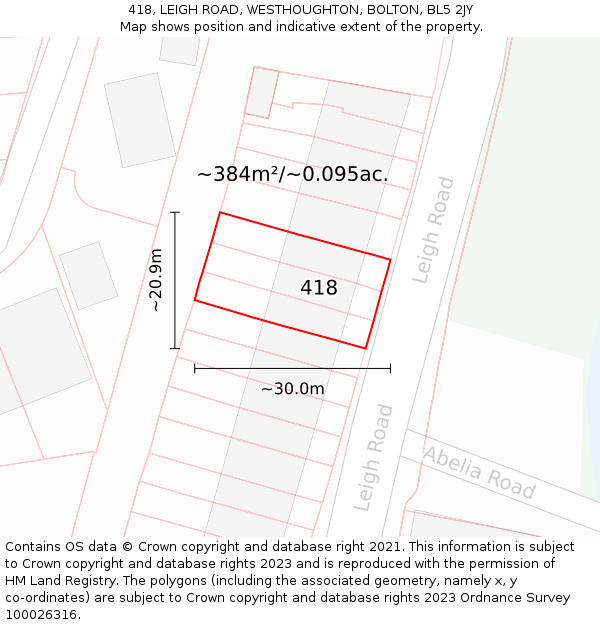 418, LEIGH ROAD, WESTHOUGHTON, BOLTON, BL5 2JY: Plot and title map