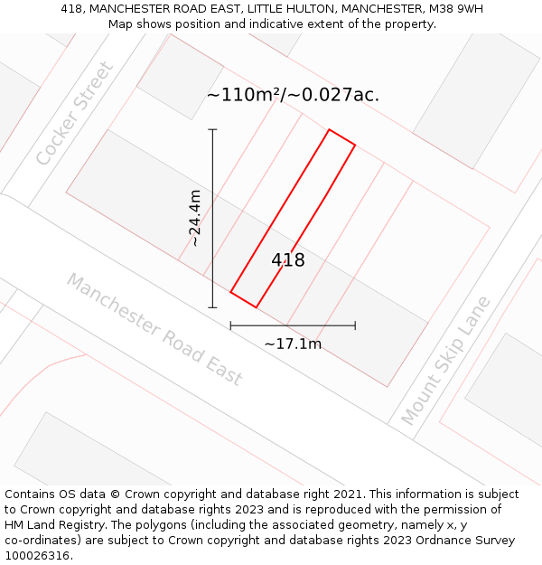 418, MANCHESTER ROAD EAST, LITTLE HULTON, MANCHESTER, M38 9WH: Plot and title map
