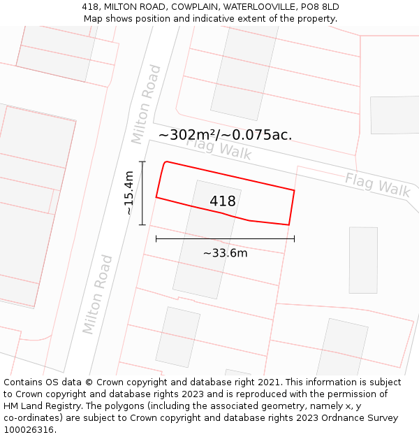 418, MILTON ROAD, COWPLAIN, WATERLOOVILLE, PO8 8LD: Plot and title map