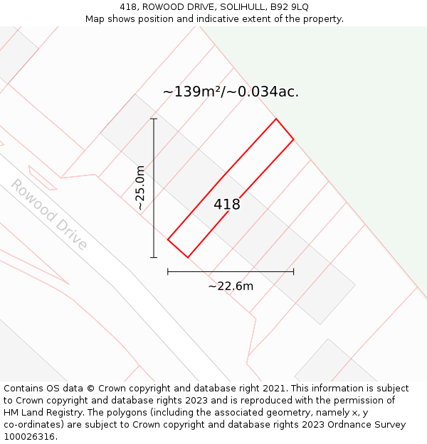 418, ROWOOD DRIVE, SOLIHULL, B92 9LQ: Plot and title map