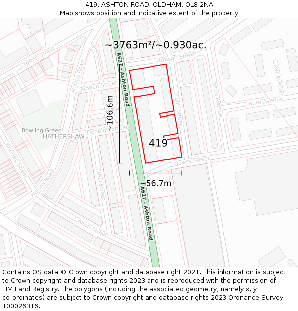 419, ASHTON ROAD, OLDHAM, OL8 2NA: Plot and title map