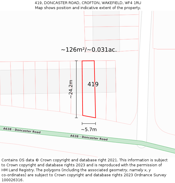 419, DONCASTER ROAD, CROFTON, WAKEFIELD, WF4 1RU: Plot and title map