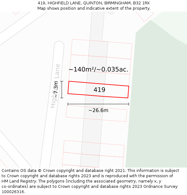 419, HIGHFIELD LANE, QUINTON, BIRMINGHAM, B32 1RX: Plot and title map