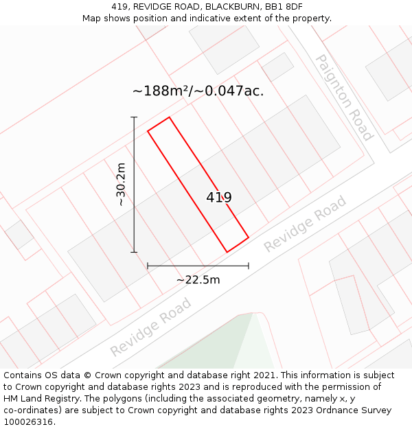 419, REVIDGE ROAD, BLACKBURN, BB1 8DF: Plot and title map