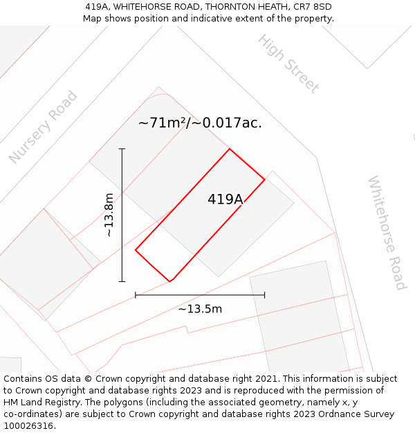 419A, WHITEHORSE ROAD, THORNTON HEATH, CR7 8SD: Plot and title map