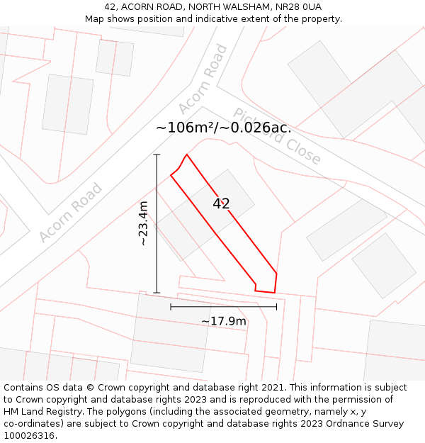 42, ACORN ROAD, NORTH WALSHAM, NR28 0UA: Plot and title map